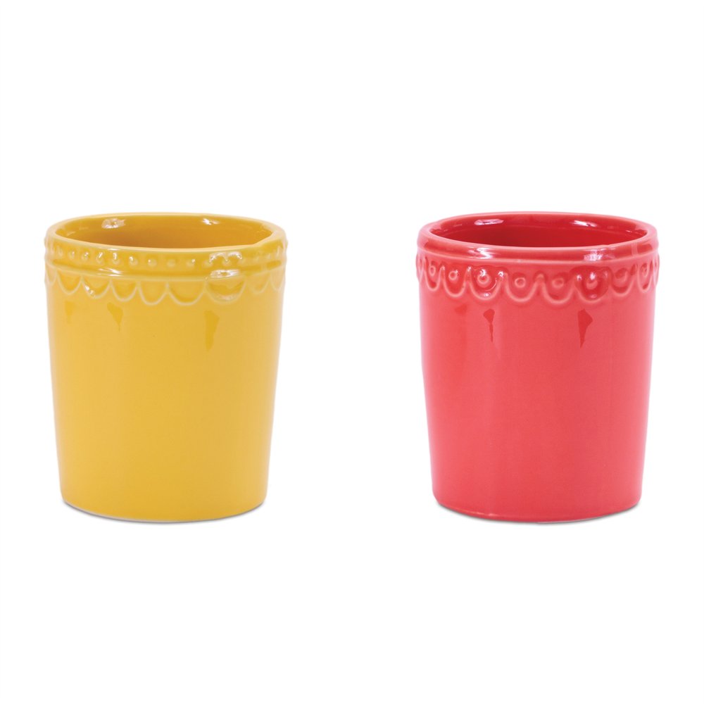 Set of Two Pink And Yellow Ceramic Rectangular Cachepots