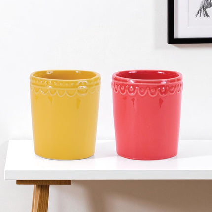 Set of Two Pink And Yellow Ceramic Rectangular Cachepots HomeRoots