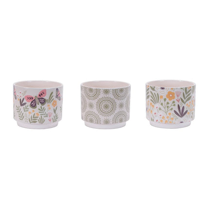 Set of Three Green Pink And White Ceramic 1 Ounce Leaf Round Pot Planters HomeRoots