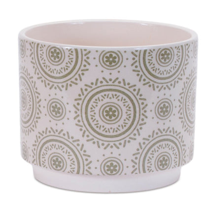 Set of Three Green Pink And White Ceramic 1 Ounce Leaf Round Pot Planters HomeRoots