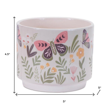 Set of Three Green Pink And White Ceramic 1 Ounce Leaf Round Pot Planters HomeRoots
