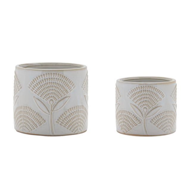 Set of Two White And Beige Porcelain 1 Ounce Leaf Round Pot Planters HomeRoots