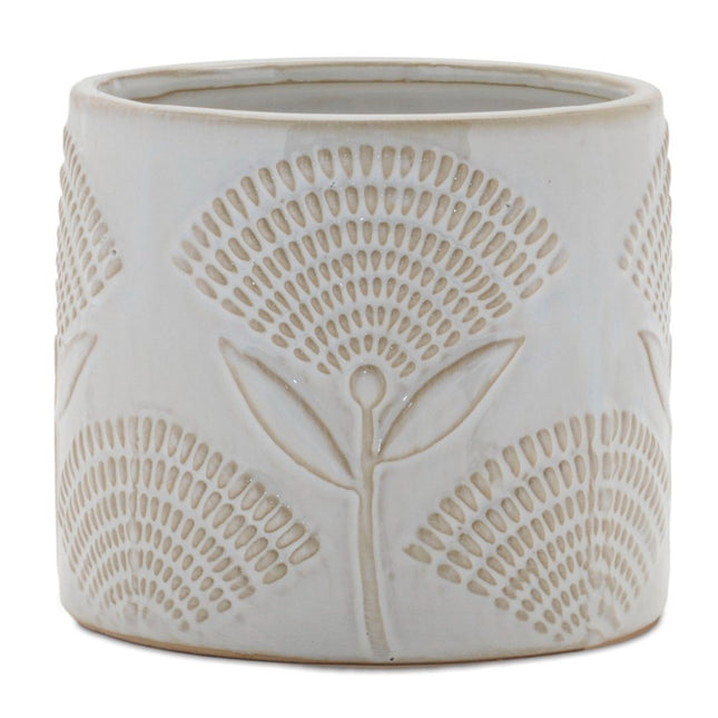 Set of Two White And Beige Porcelain 1 Ounce Leaf Round Pot Planters HomeRoots