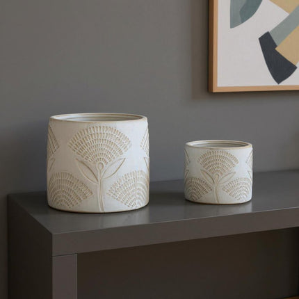 Set of Two White And Beige Porcelain 1 Ounce Leaf Round Pot Planters HomeRoots
