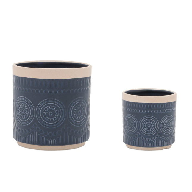 Set of Two Beige And Blue Ceramic 1 Ounce Geometric Round Pot Planters HomeRoots