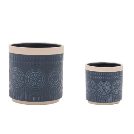 Set of Two Beige And Blue Ceramic 1 Ounce Geometric Round Pot Planters HomeRoots