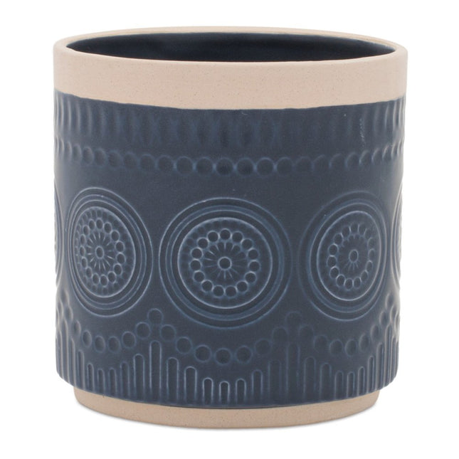 Set of Two Beige And Blue Ceramic 1 Ounce Geometric Round Pot Planters HomeRoots