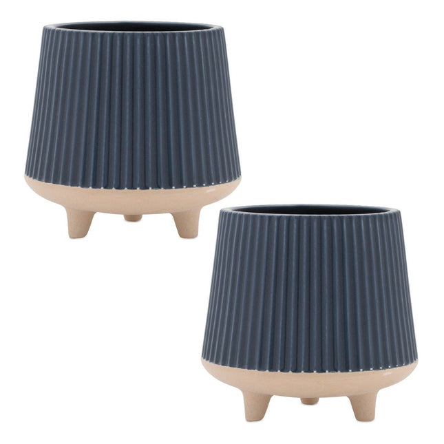 Set of Two Blue And Beige Ceramic 1 Ounce Geometric Round Pot Planters HomeRoots