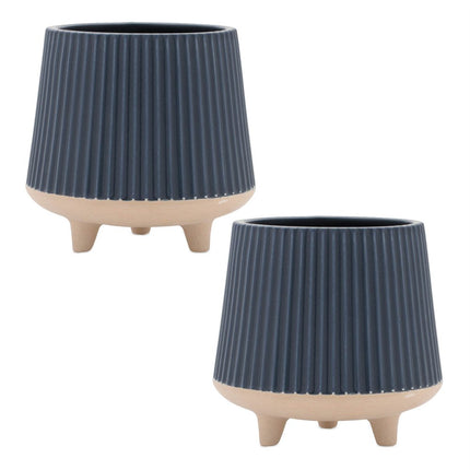 Set of Two Blue And Beige Ceramic 1 Ounce Geometric Round Pot Planters HomeRoots