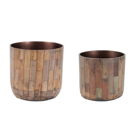 Set of Two Brown Wood 1 Ounce Round Pot Planters HomeRoots