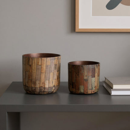 Set of Two Brown Wood 1 Ounce Round Pot Planters HomeRoots