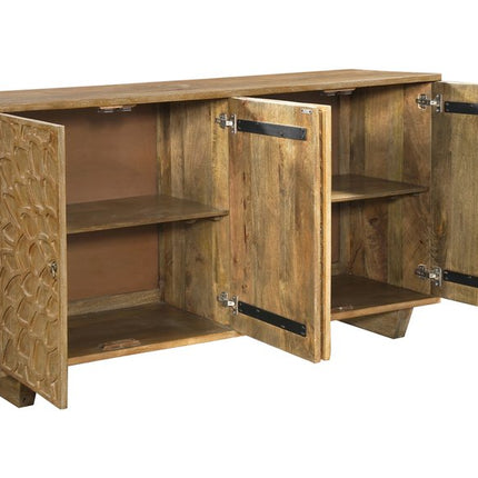 70" Brown Distressed Solid Wood Carved Floral Sideboard with Four Doors HomeRoots
