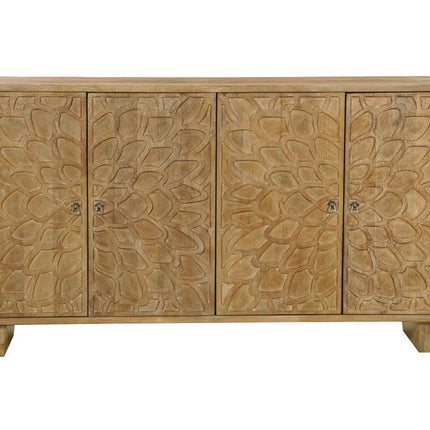 70" Brown Distressed Solid Wood Carved Floral Sideboard with Four Doors HomeRoots