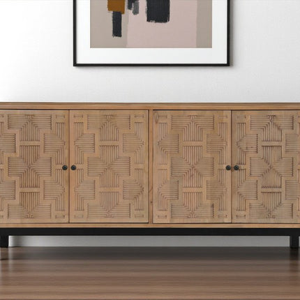 80" Brown Solid Wood Carved Geometric Sideboard with Four Doors HomeRoots