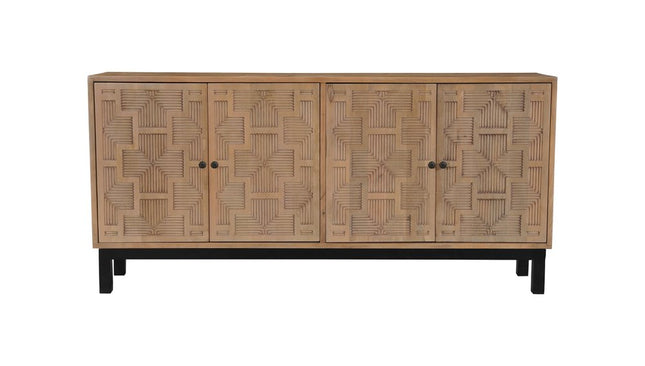 80" Brown Solid Wood Carved Geometric Sideboard with Four Doors HomeRoots