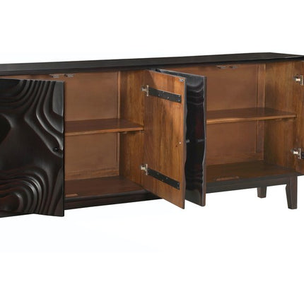 80" Dark Brown Solid Wood Carved Abstract Sideboard with Four Doors HomeRoots