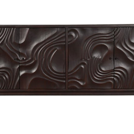 80" Dark Brown Solid Wood Carved Abstract Sideboard with Four Doors HomeRoots