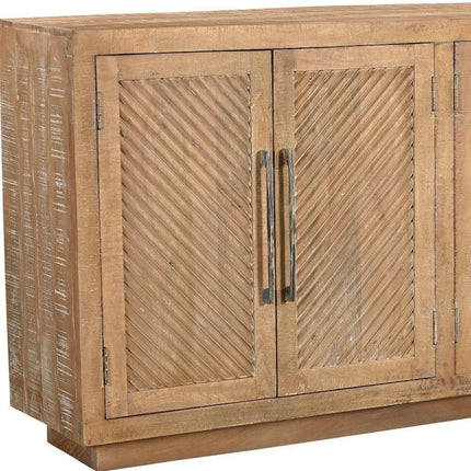 72" Natural Distressed Solid Wood Carved Geometric Sideboard with Four Doors HomeRoots