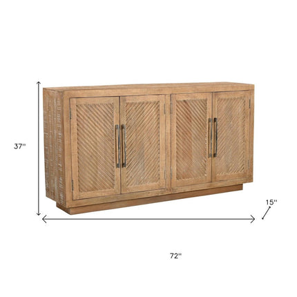 72" Natural Distressed Solid Wood Carved Geometric Sideboard with Four Doors HomeRoots