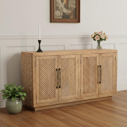 72" Natural Distressed Solid Wood Carved Geometric Sideboard with Four Doors HomeRoots