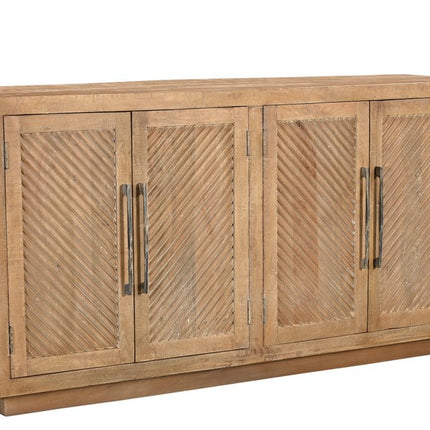 72" Natural Distressed Solid Wood Carved Geometric Sideboard with Four Doors HomeRoots