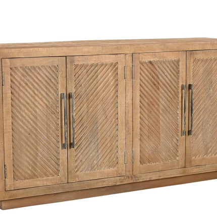 72" Natural Distressed Solid Wood Carved Geometric Sideboard with Four Doors HomeRoots