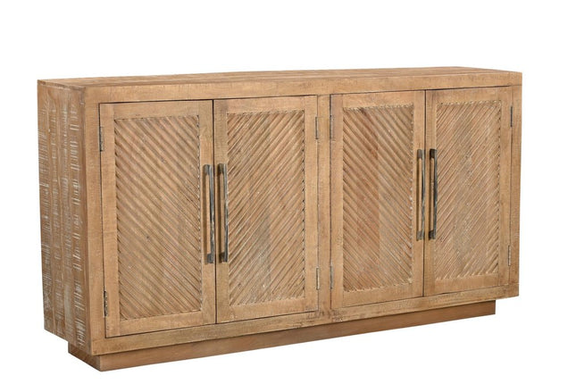 72" Natural Distressed Solid Wood Carved Geometric Sideboard with Four Doors HomeRoots