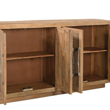 72" Natural Distressed Solid Wood Carved Geometric Sideboard with Four Doors HomeRoots