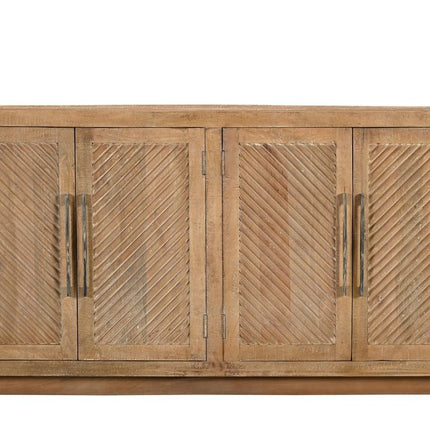 72" Natural Distressed Solid Wood Carved Geometric Sideboard with Four Doors HomeRoots