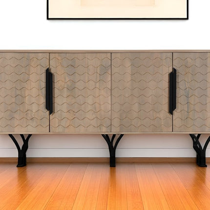 84" Beige Solid Wood Carved Geometric Sideboard with Four Doors HomeRoots