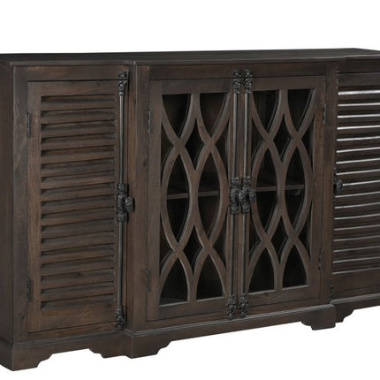 70" Dark Brown Solid Wood Carved Geometric Sideboard with Four Doors HomeRoots