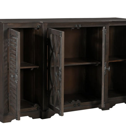 70" Dark Brown Solid Wood Carved Geometric Sideboard with Four Doors HomeRoots