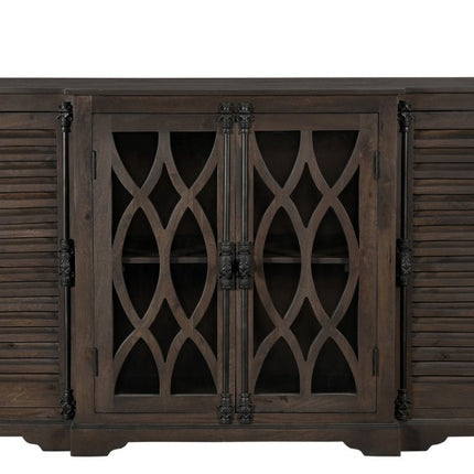 70" Dark Brown Solid Wood Carved Geometric Sideboard with Four Doors HomeRoots