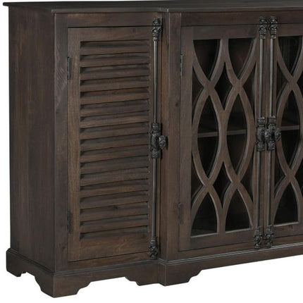 70" Dark Brown Solid Wood Carved Geometric Sideboard with Four Doors HomeRoots