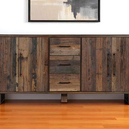 83" Dark Brown Distressed Reclaimed Wood Three Drawer Sideboard with Four Doors HomeRoots