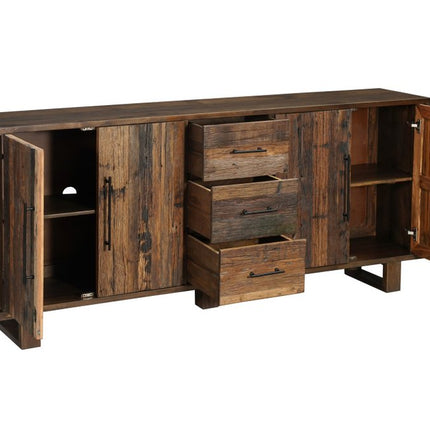 83" Dark Brown Distressed Reclaimed Wood Three Drawer Sideboard with Four Doors HomeRoots