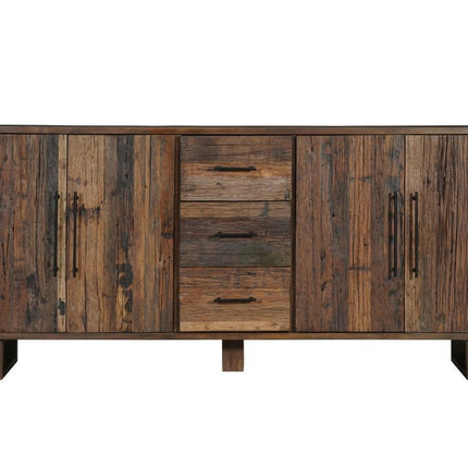 83" Dark Brown Distressed Reclaimed Wood Three Drawer Sideboard with Four Doors HomeRoots