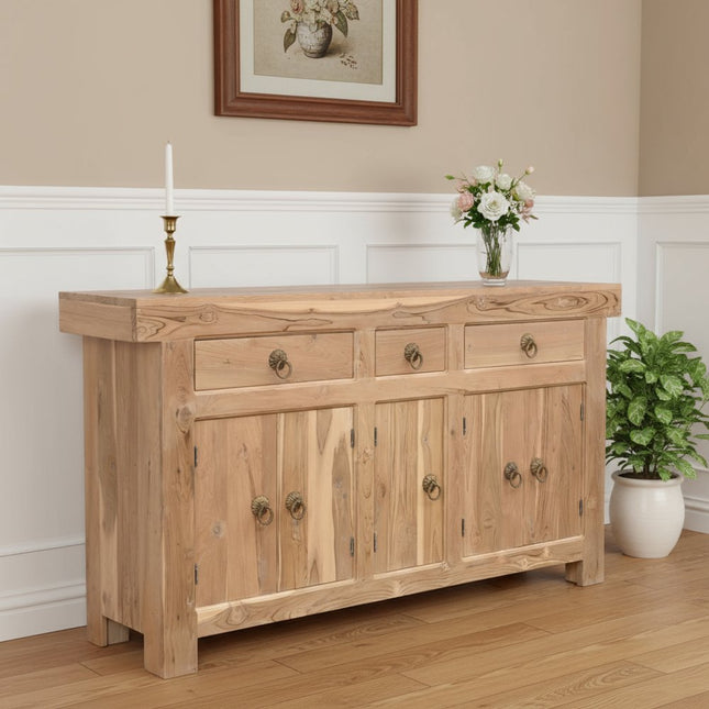 72" Natural Solid Wood Three Drawer Sideboard with Five Doors HomeRoots