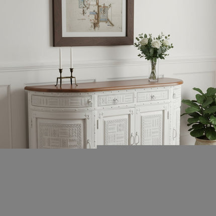 69" White And Brown Solid Wood Carved Geometric Four Drawer Four Door Sideboard HomeRoots