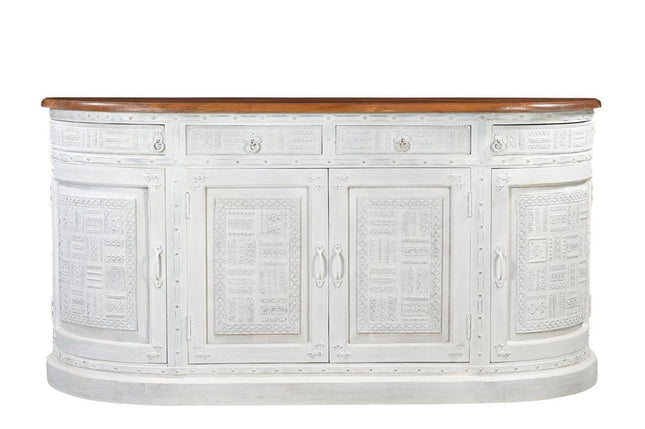 69" White And Brown Solid Wood Carved Geometric Four Drawer Four Door Sideboard HomeRoots