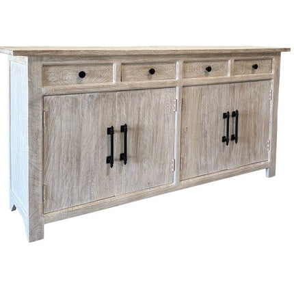 79" White Distressed Solid Wood Paneled Four Drawer Sideboard with Four Doors HomeRoots