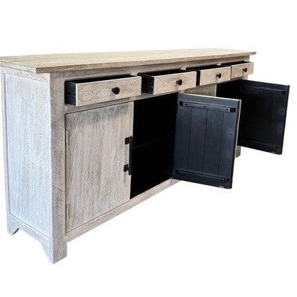 79" White Distressed Solid Wood Paneled Four Drawer Sideboard with Four Doors HomeRoots