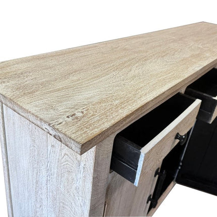 79" White Distressed Solid Wood Paneled Four Drawer Sideboard with Four Doors HomeRoots