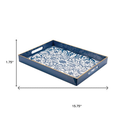 16" Blue And White Geometric Star And Trees Serving Tray With Handles
