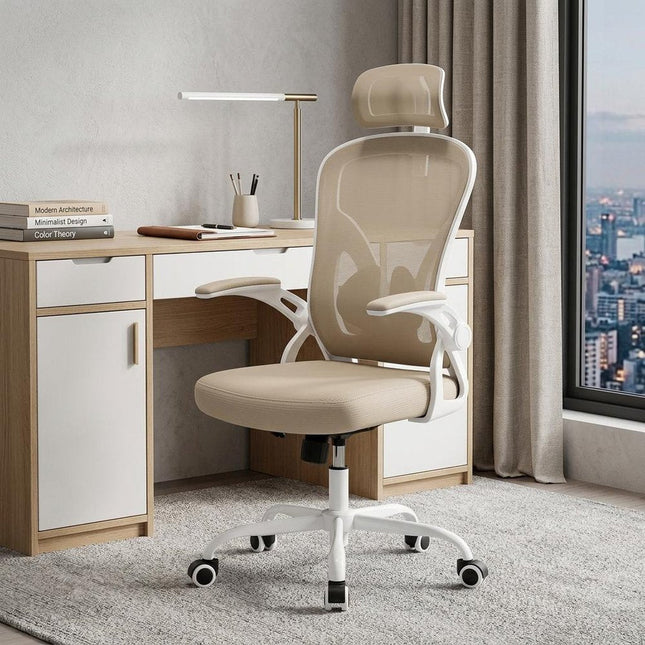 Beige and White Adjustable Height Swivel Rolling Executive Office Chair HomeRoots