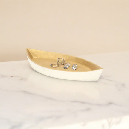 10" Gold And Off White Cast Iron Oval Boat Shaped Tray