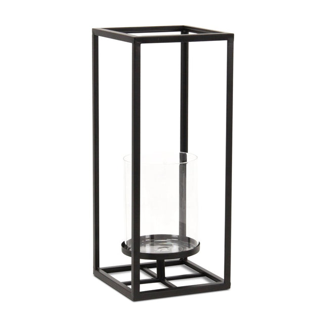 16" Black And Clear Metal And Glass Tabletop Candle Holder HomeRoots