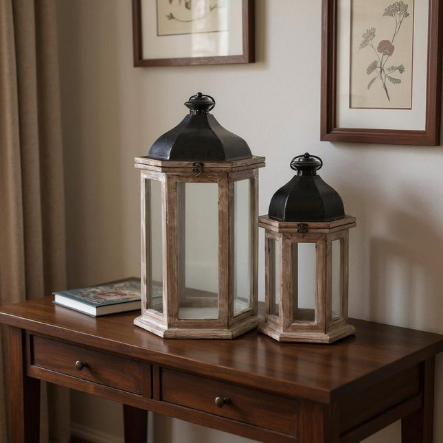 Set of Two Brown Distressed Geometric Metal And Solid Wood Floor Lantern Candle Holders HomeRoots