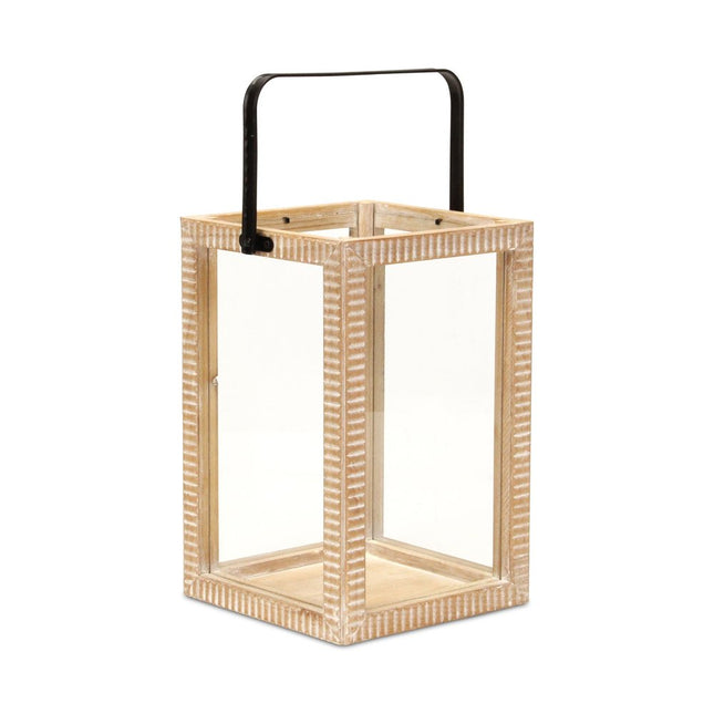 16" Clear And Natural Glass And Solid Wood Tabletop Lantern Candle Holder HomeRoots