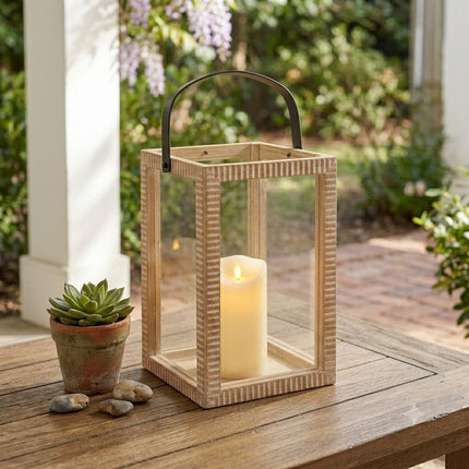 13" Natural Distressed Geometric Solid Wood Tabletop Lantern Candle Holder HomeRoots